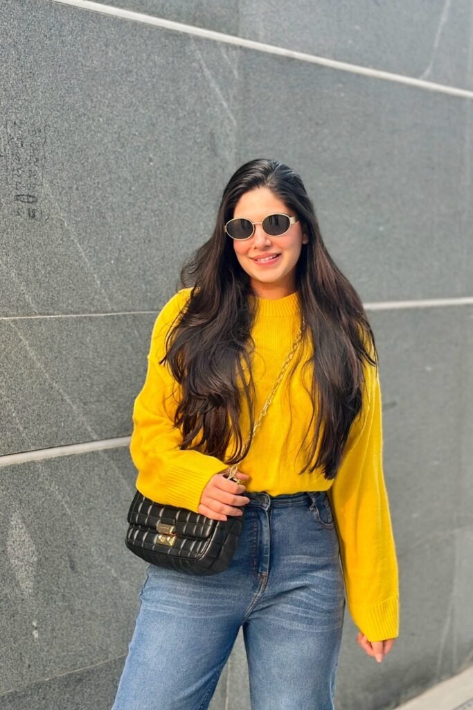 Bright Yellow Oversized Sweater + Blue Skinny Jeans + Black Quilted Crossbody Bag