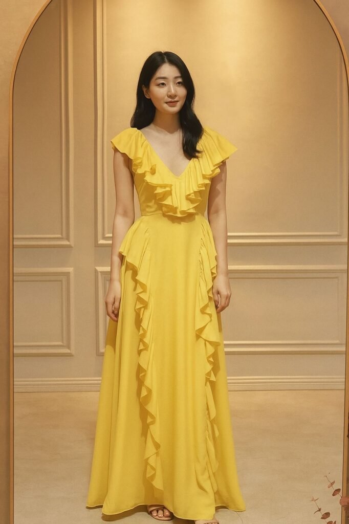 Bright Yellow V Neck Gown with Vertical Ruffle Details + Nude Sandals