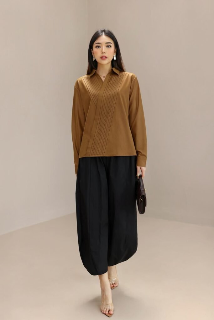 Bronze Pleated Wrap Blouse + Black Balloon Trousers + Clear Heeled Sandals