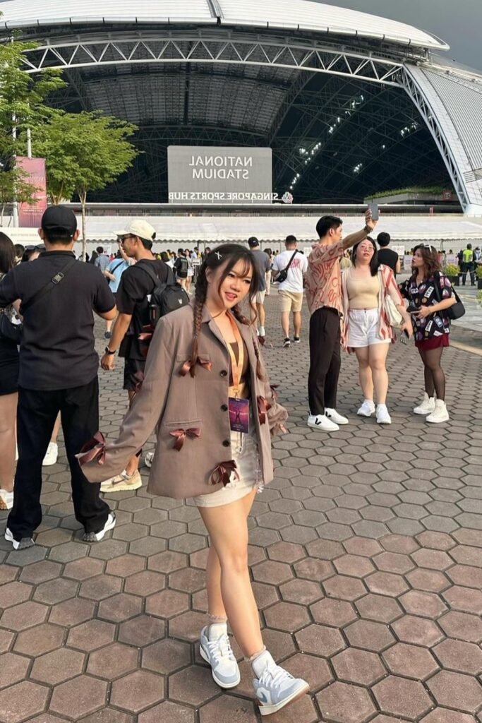 Brown Blazer with Bows + Brown Crop Top + White Mini Skirt + White and Blue Sneakers