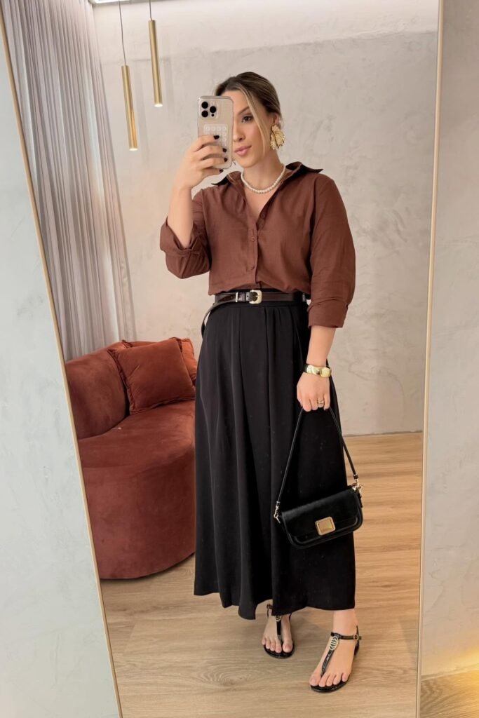 Brown Button-Down Shirt + Black Maxi Skirt + Black Strappy Sandals