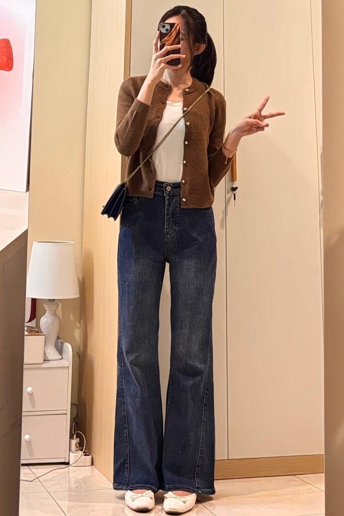Brown Button-Up Cardigan + White T-Shirt + Dark Blue Flare Jeans + White Ballet Flats