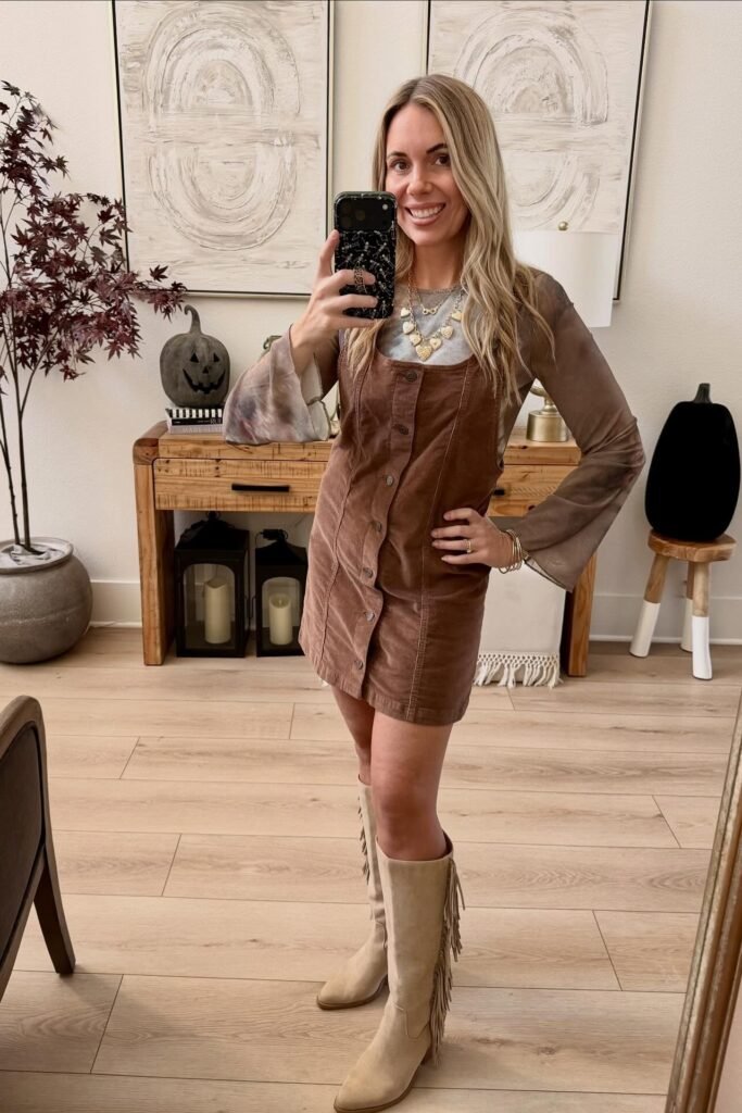Brown Corduroy Pinafore Dress + Mesh Bell-Sleeve Top + Tan Fringed Boots