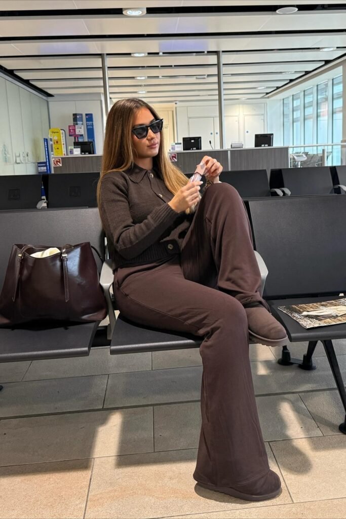 Brown Cropped Cardigan + Brown Wide-Leg Trousers + Brown Ugg Boots