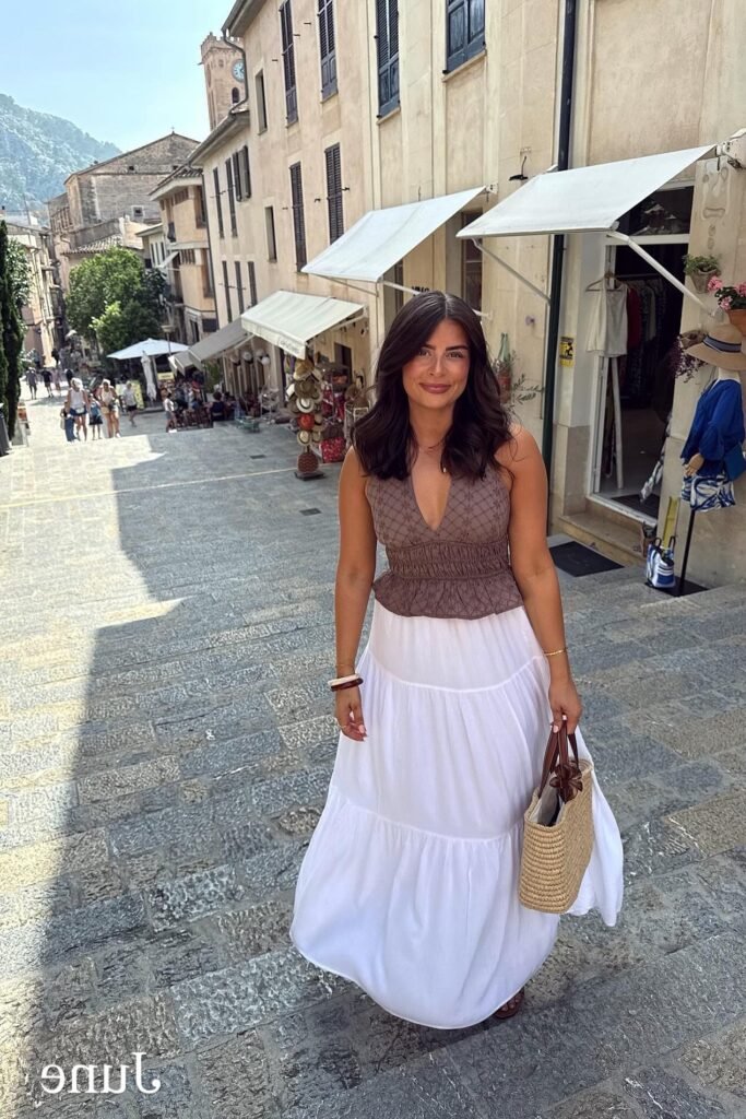Brown Eyelet Halter Peplum Top + White Tiered Maxi Skirt + Straw Tote Bag