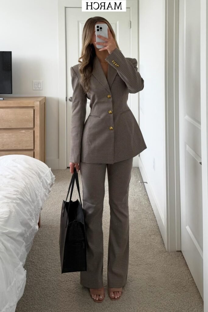 Brown Gingham Blazer & Trousers Set + Black Tote Bag + Tan Strappy Heels