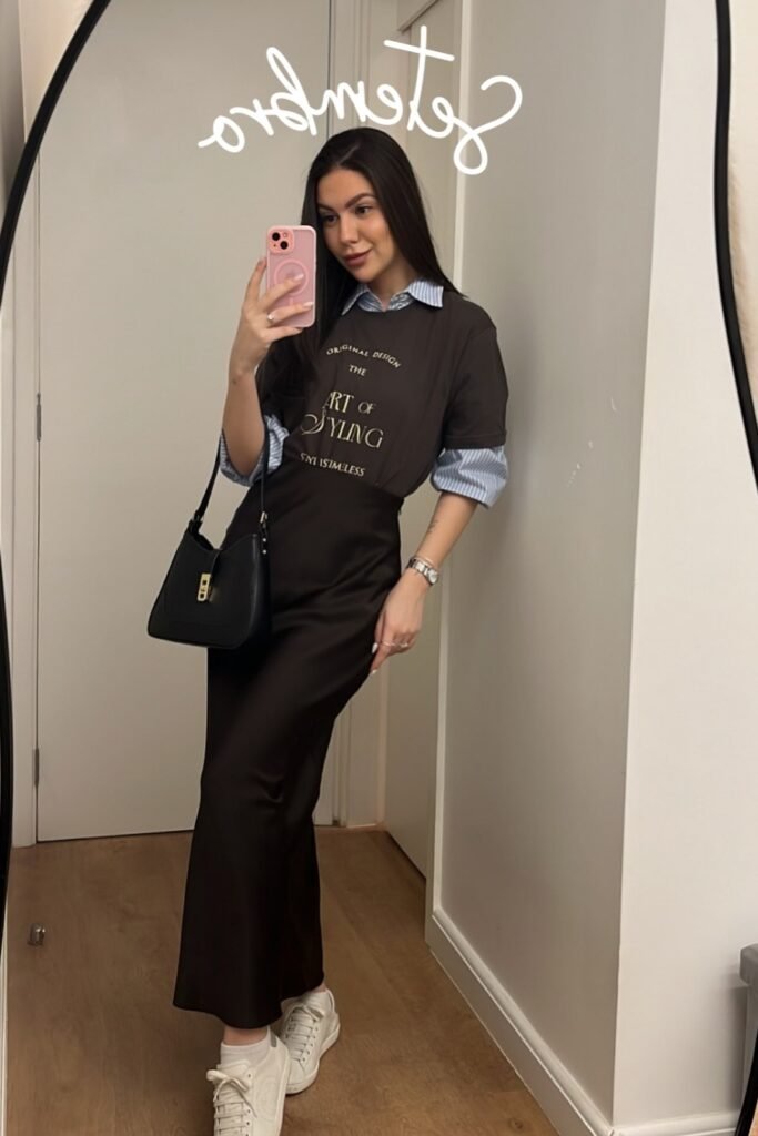 Brown Graphic T-Shirt over Blue Striped Button-Down + Brown Maxi Skirt + White Sneakers