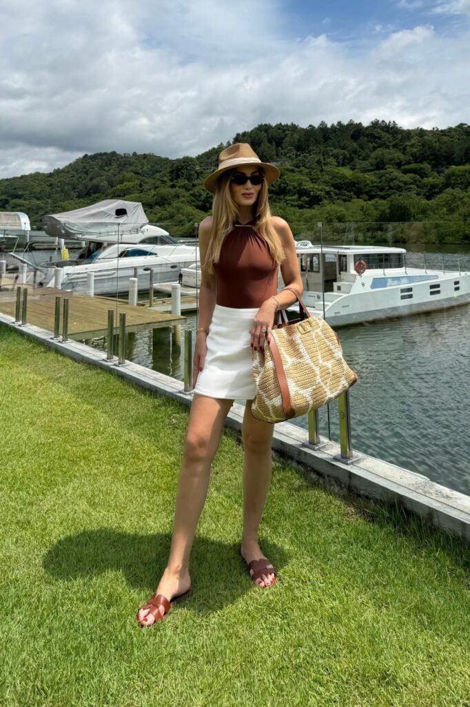 Brown Halter Neck Bodysuit + White Mini Skirt + Brown Leather Slides