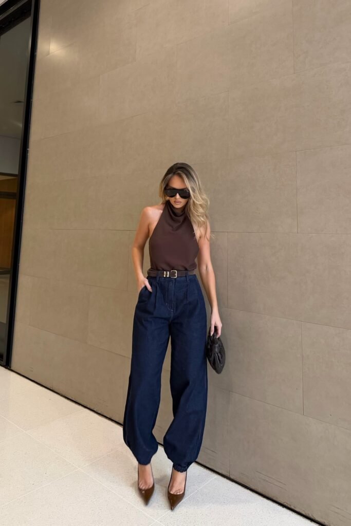 Brown Halter Neck Top + Dark Wash Balloon Jeans + Brown Pointed Heels