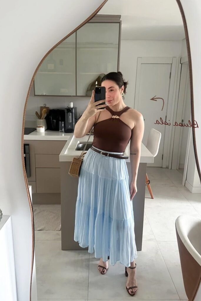Brown Halter Neck Top + Light Blue Tiered Maxi Skirt + Brown Strappy Sandals