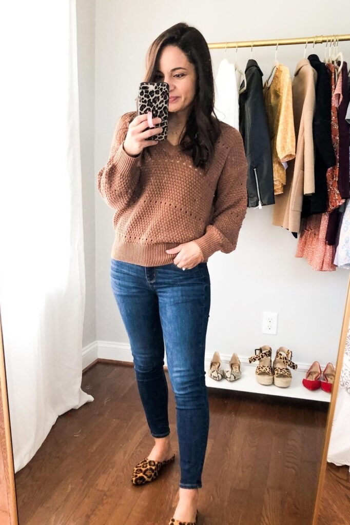 Brown Knit V-Neck Sweater + Dark Wash Skinny Jeans + Leopard Print Mules