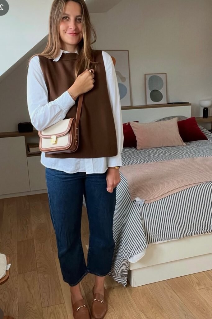 Brown Knit Vest + White Button-Down Shirt + Dark Wash Straight Jeans + Brown Loafers