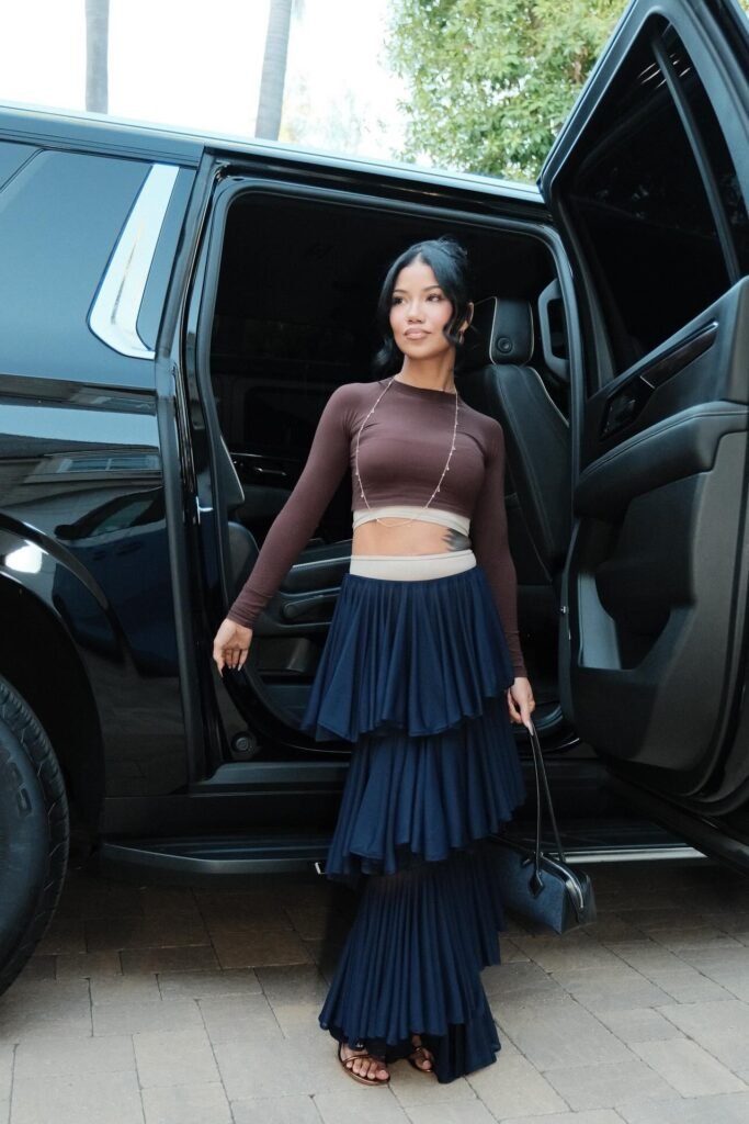 Brown Long-Sleeve Crop Top + Tiered Navy Blue Maxi Skirt + Gold Strappy Sandals