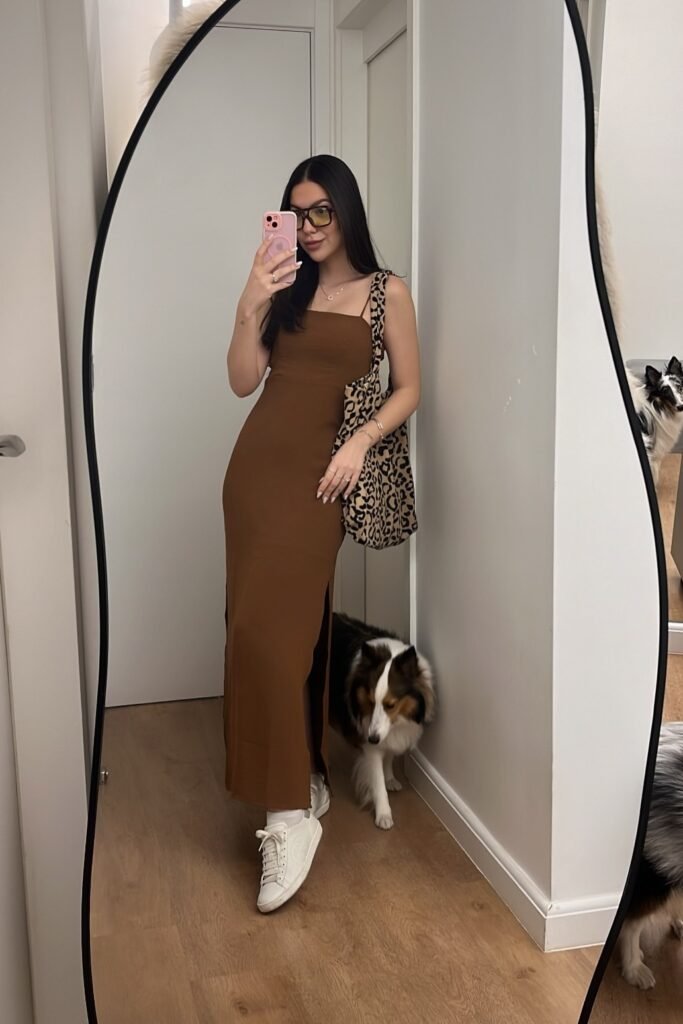 Brown Maxi Dress with Side Slit + Leopard Print Tote Bag + White Sneakers