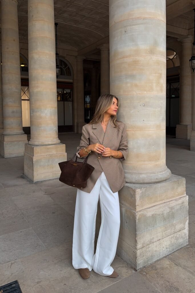 Brown Micro Check Double Breasted Blazer + White Wide Leg Trousers + Taupe Suede Flats