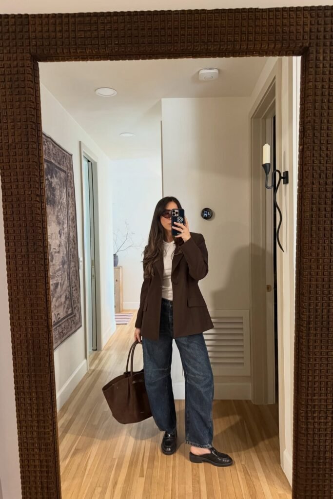 Brown Oversized Blazer + White T Shirt + Wide Leg Blue Jeans + Brown Loafers