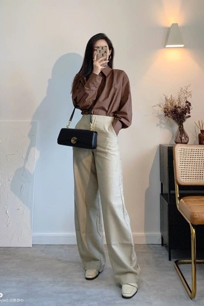 Brown Oversized Button-Down Shirt + Beige High-Waisted Wide-Leg Trousers + Square-Toe Cream Loafers