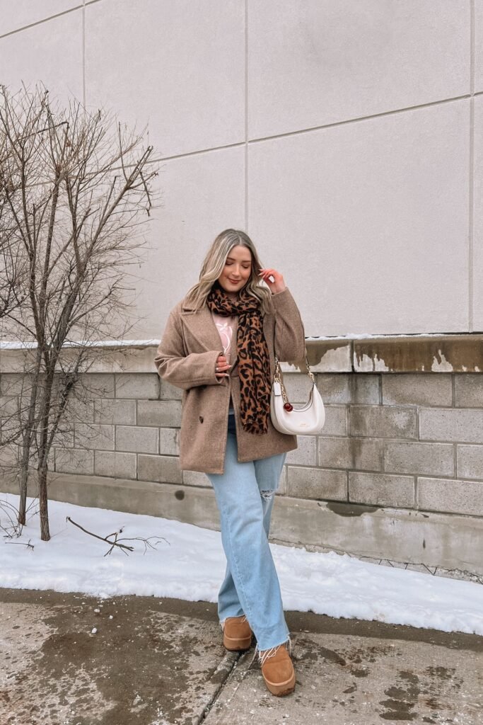 Brown Pea Coat + Leopard Print Scarf + Light Wash Distressed Jeans + Chestnut Platform Boots
