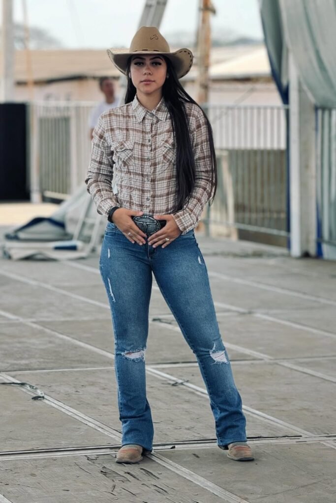 Brown Plaid Button-Down Shirt + Distressed Blue Jeans + Tan Square-Toe Boots
