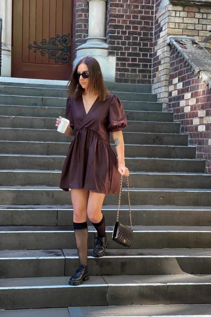 Brown Puff-Sleeve Mini Dress + Black Knee-High Sheer Socks + Black Platform Loafers