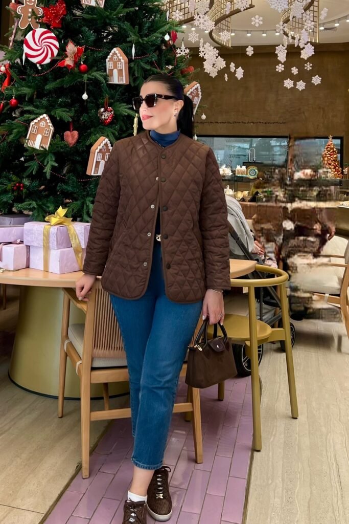 Brown Quilted Collarless Jacket + Indigo Straight-Leg Jeans + Brown Monogram Sneakers