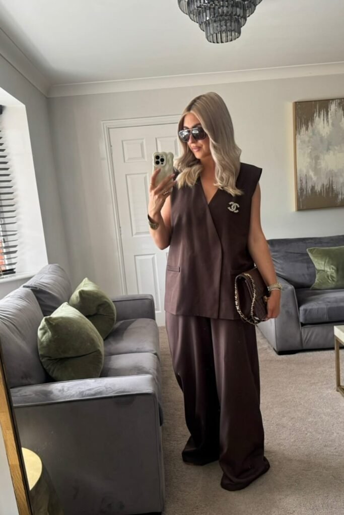 Brown Sleeveless V-Neck Vest + Matching Brown Wide-Leg Trousers + Brown Quilted Handbag