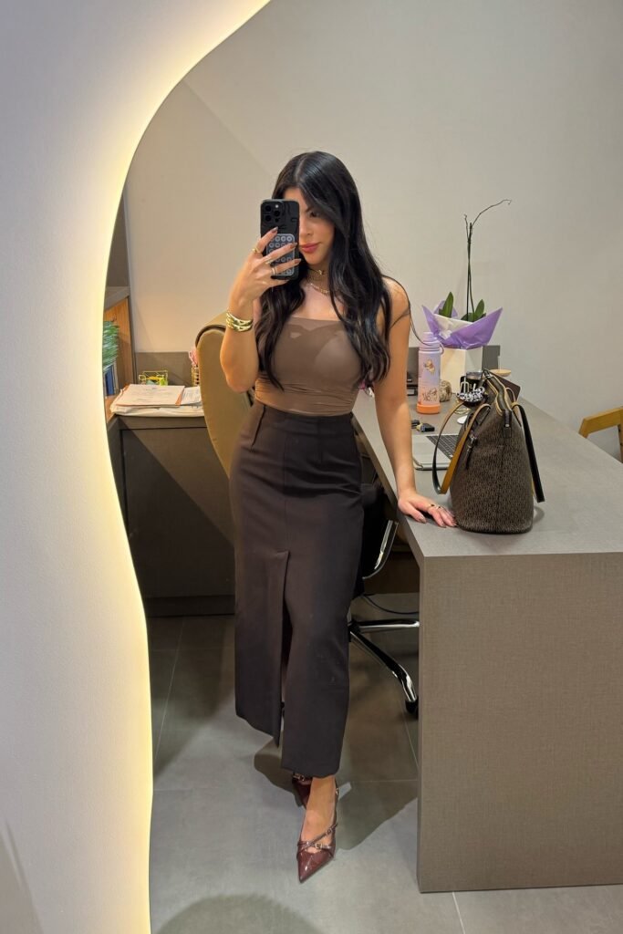 Brown Square-Neck Bodysuit + Dark Brown Slit Maxi Skirt + Burgundy Buckled Heels
