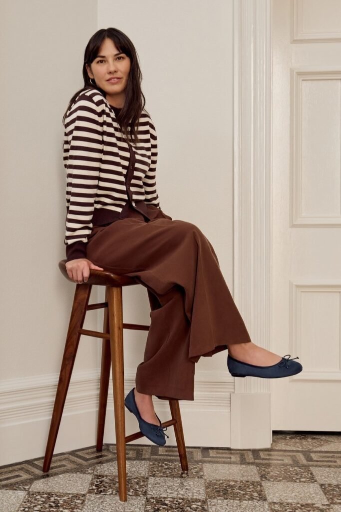 Brown Striped Cardigan + Chocolate Wide Leg Trousers + Navy Ballet Flats