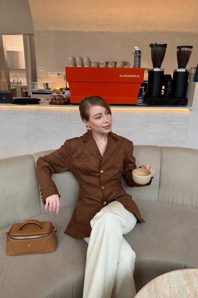 Brown Suede Blazer + Cream Wide Leg Trousers + Gold Statement Earrings