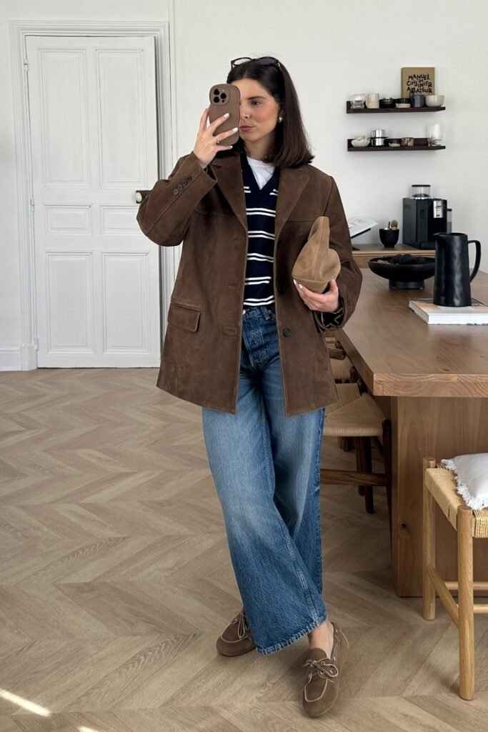 Brown Suede Blazer + Striped V-Neck Sweater + Wide-Leg Blue Jeans + Brown Suede Loafers