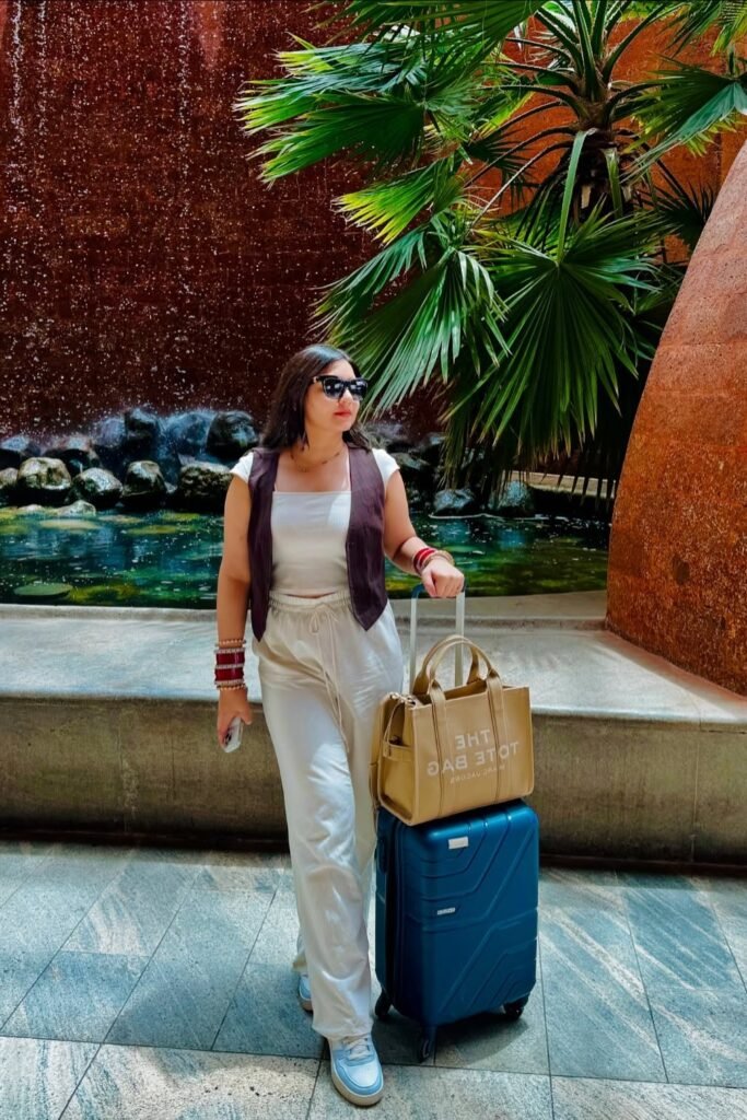 Brown Tailored Vest + White Square-Neck Crop Top + White Drawstring Trousers + Blue and White Sneakers