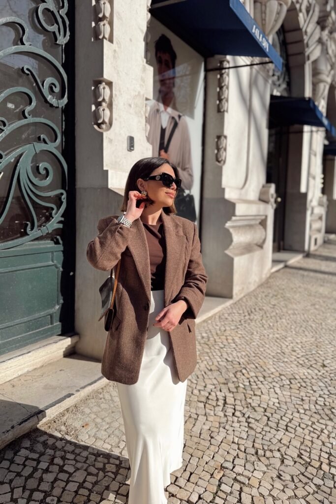 Brown Textured Blazer + Dark Brown Top + White Satin Maxi Skirt