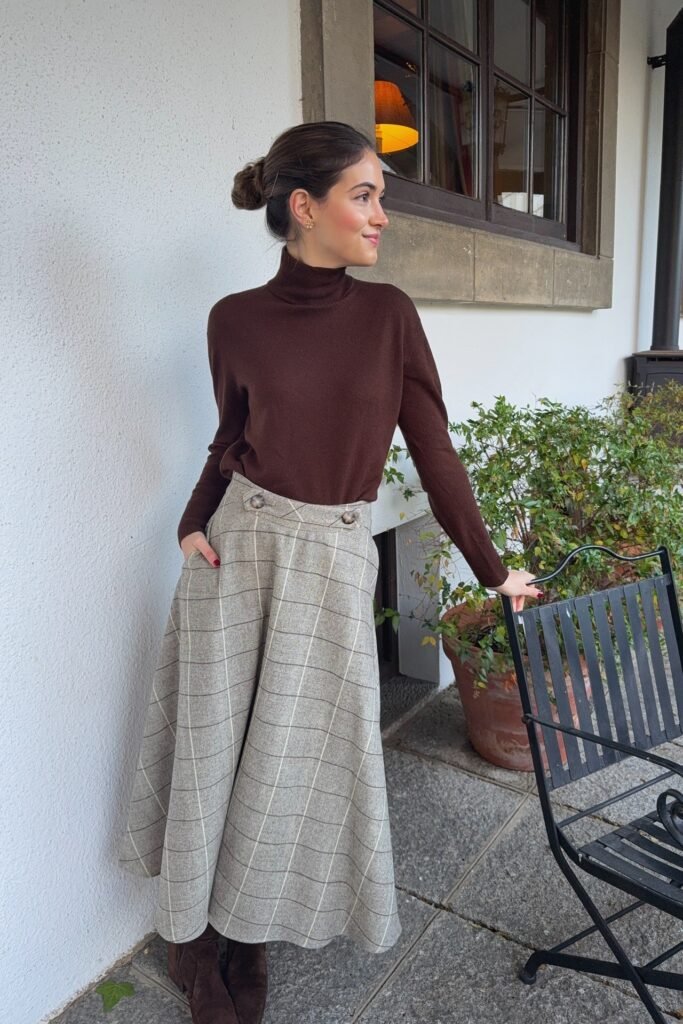 Brown Turtleneck Sweater + Grey Plaid A-Line Skirt + Brown Suede Boots