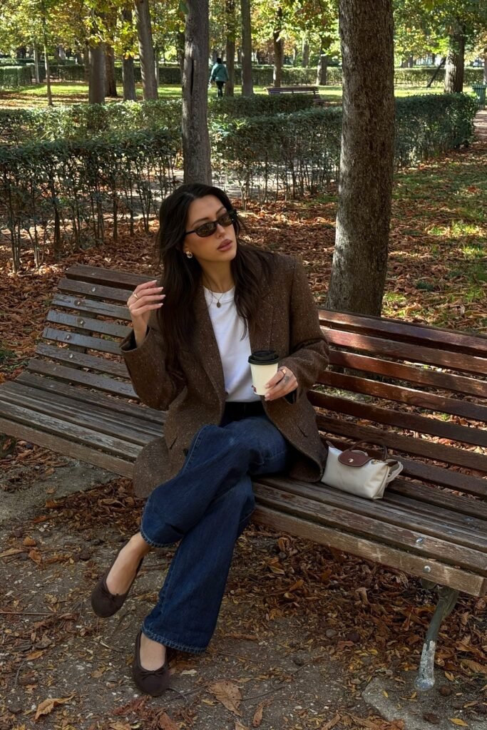 Brown Tweed Oversized Blazer + White T-Shirt + Wide-Leg Dark Wash Jeans + Brown Bow Ballet Flats
