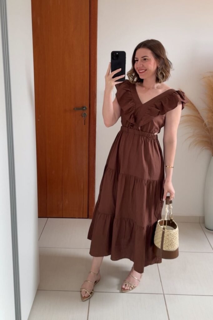 Brown V-Neck Ruffle Shoulder Tiered Midi Dress + Gold Strappy Sandals + Straw Bucket Bag