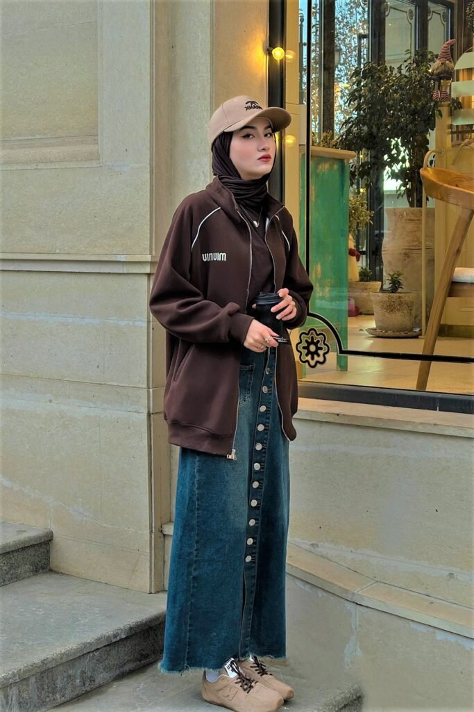 Brown Zip-Up Hoodie + Denim Button-Front Maxi Skirt + Beige Baseball Cap + Beige Sneakers