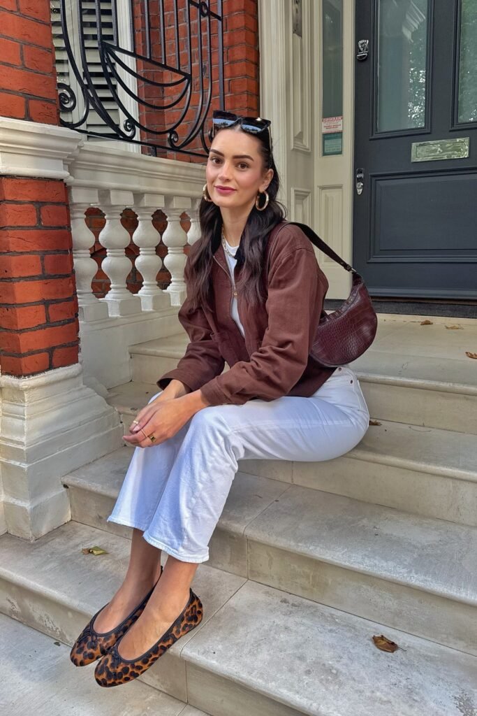 Brown Zip-Up Jacket + White Cropped Jeans + Leopard Print Ballet Flats