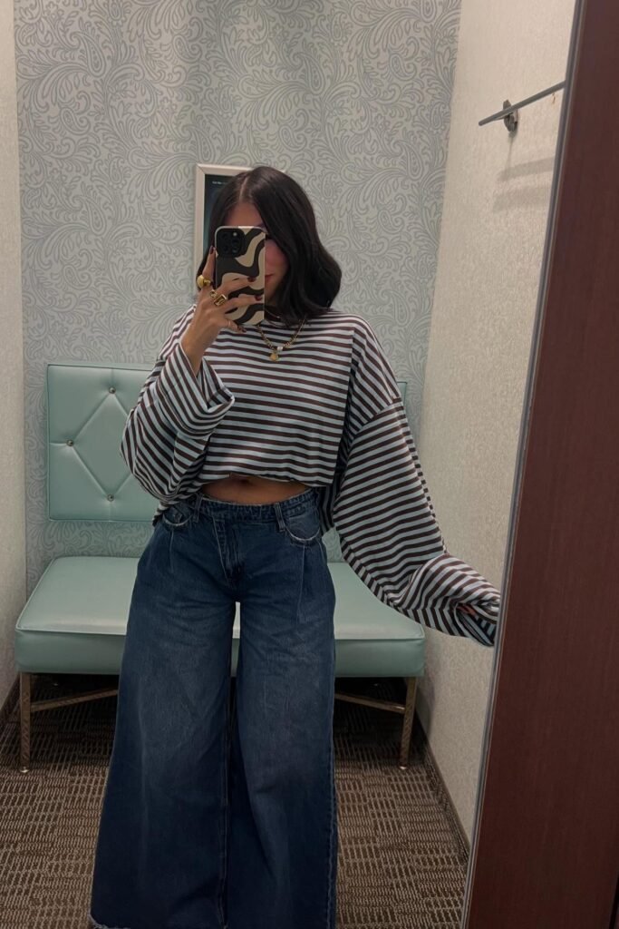 Brown and Blue Striped Oversized Crop Top + Wide-Leg Dark Wash Jeans