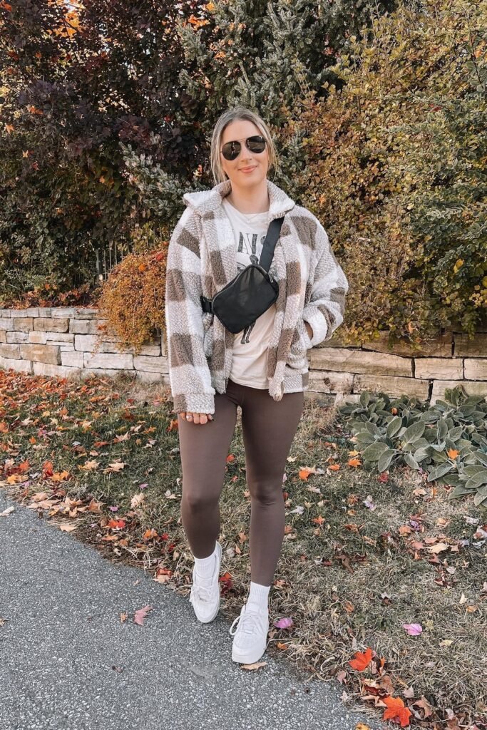 Brown and White Checkered Sherpa Jacket + Brown Leggings + White Crew Socks + White Athletic Sneakers