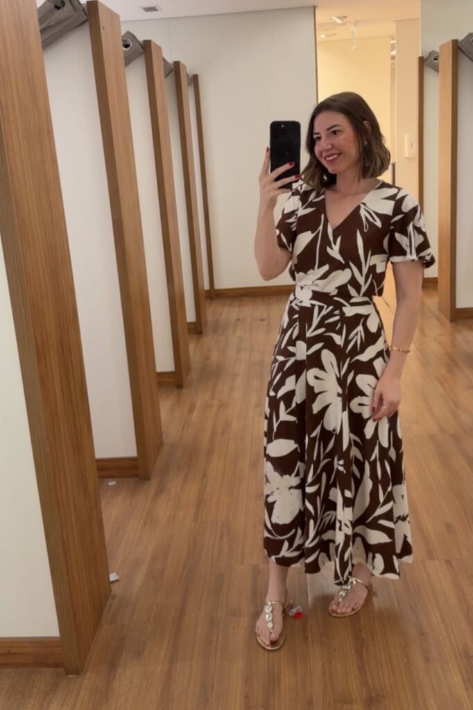 Brown and White Floral V-Neck Midi Dress + Gold Strappy Sandals