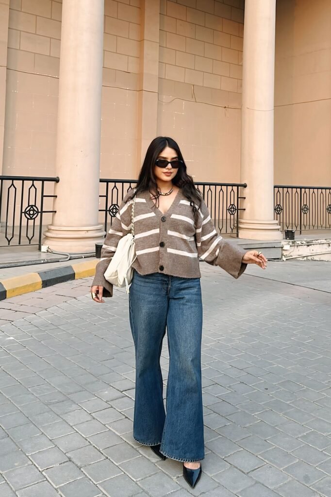 Brown and White Striped Cardigan + Blue Wide-Leg Jeans + Black Pointed Heels