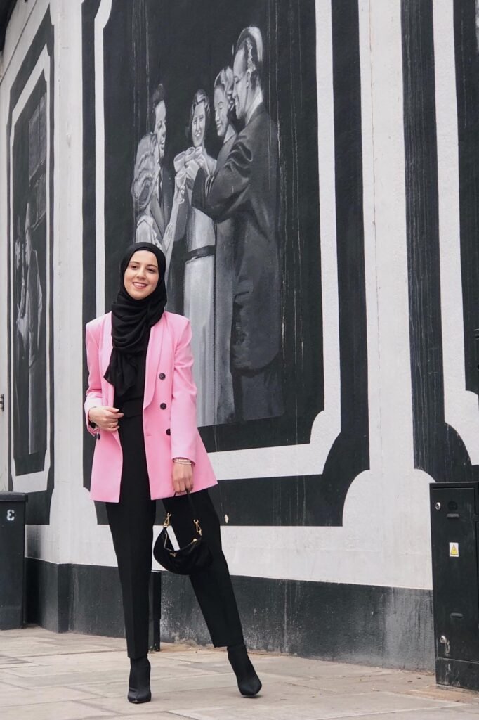 Bubblegum Pink Blazer + Black Tailored Trousers + Black Hijab + Black Pointed Boots