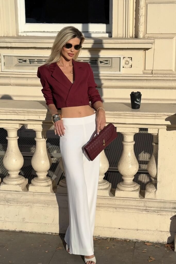 Burgundy Cropped Blazer + White High Waisted Wide Leg Trousers + White Strappy Heels