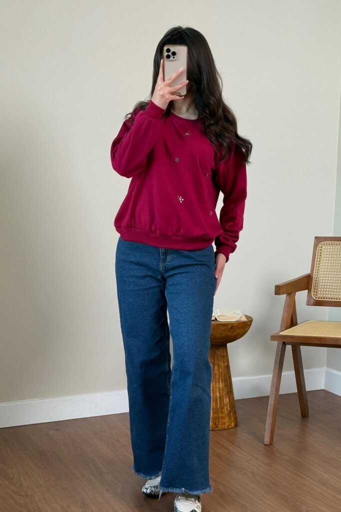 Burgundy Embellished Sweatshirt + Dark Wash Wide Leg Jeans + Patterned Sneakers