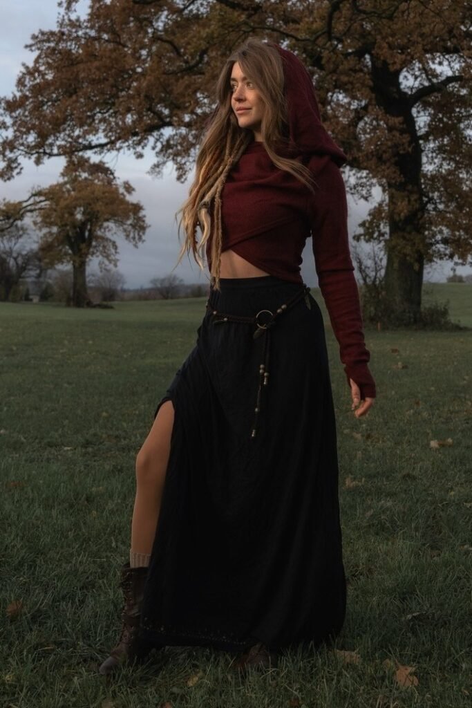 Burgundy Hooded Wrap Top + Black Slit Maxi Skirt + Brown Combat Boots