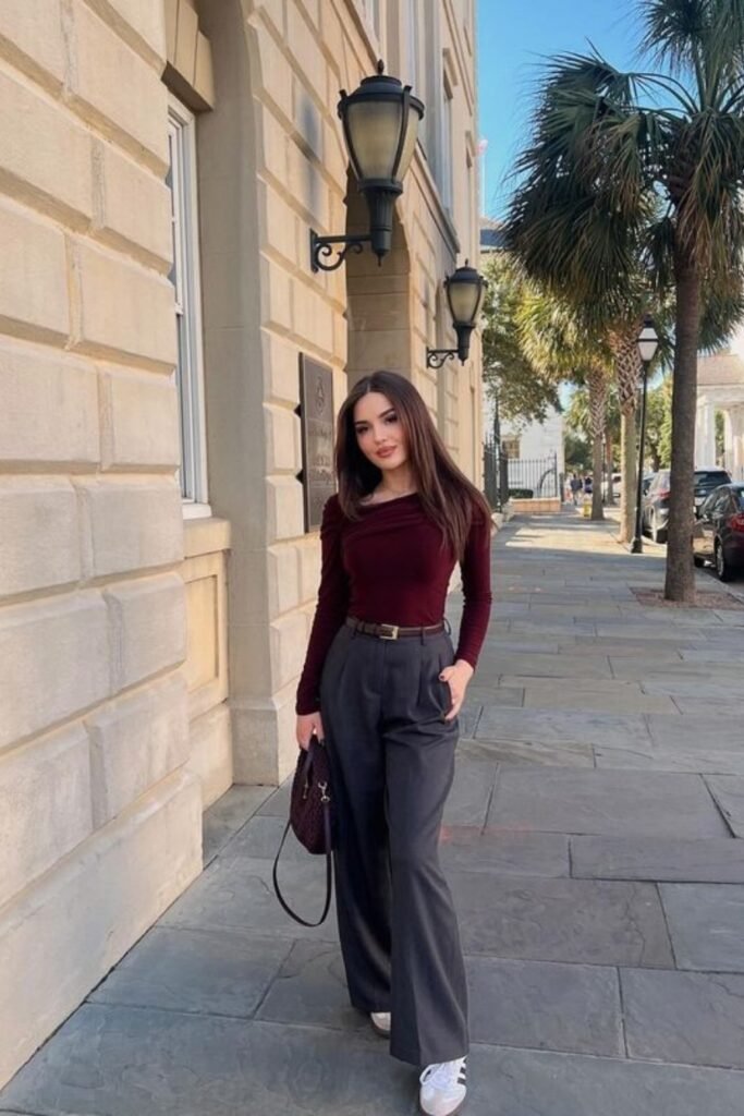 Burgundy Long Sleeve Drape Top + Dark Grey Wide Leg Trousers + White Sneakers