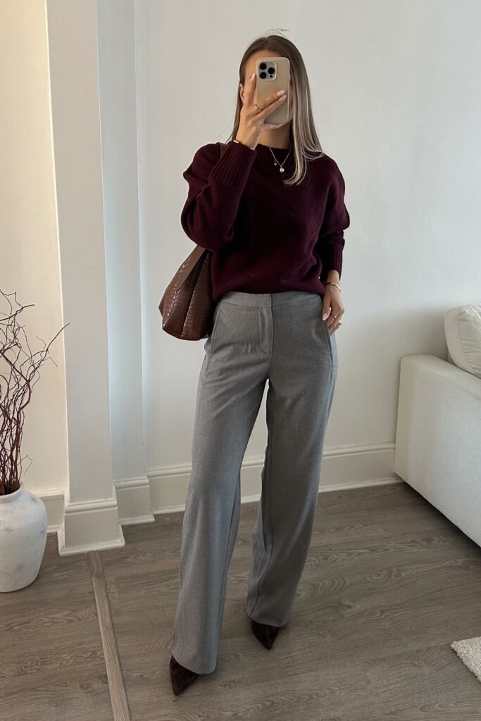 Burgundy Mock Neck Sweater + Grey Tailored Trousers + Dark Brown Pointed Boots