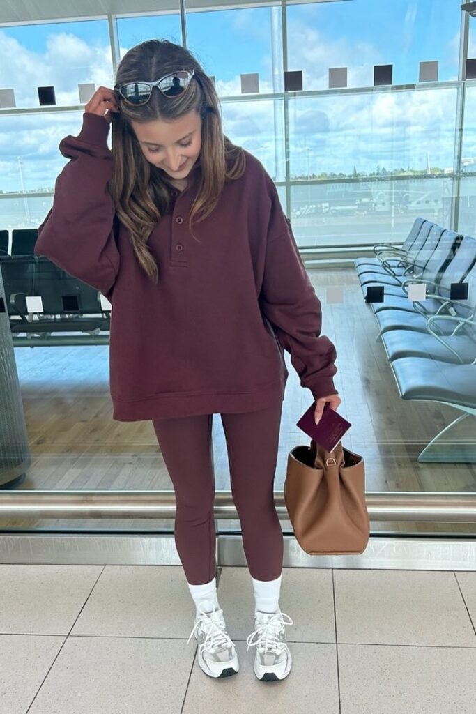 Burgundy Oversized Polo Sweatshirt + Matching Leggings + White Sneakers with High Socks