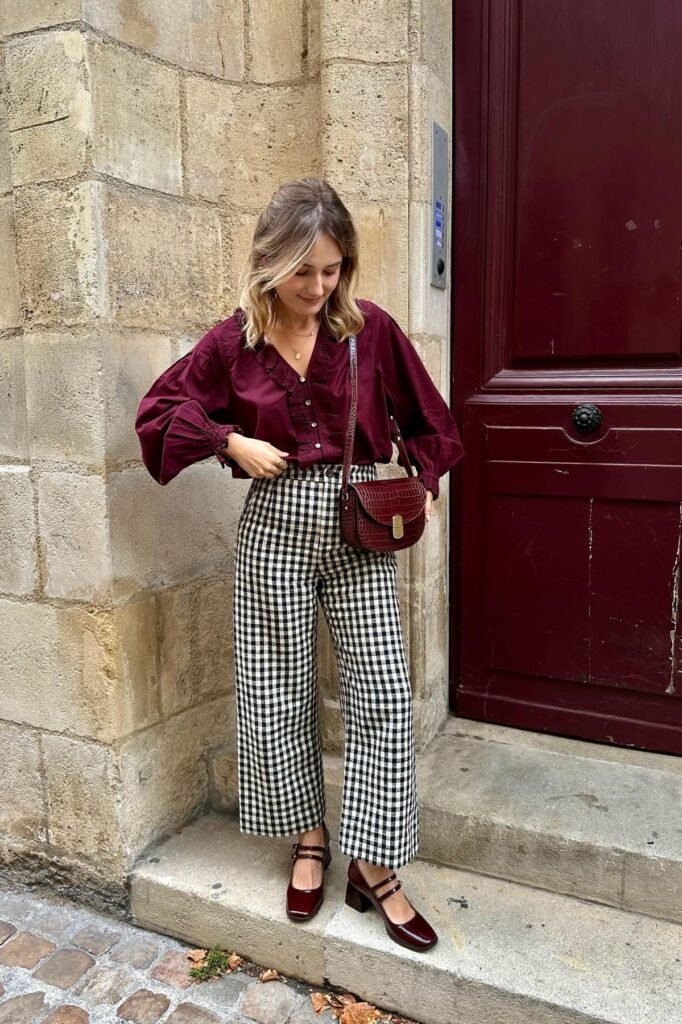 Burgundy Ruffled Blouse + Black and White Gingham Trousers + Burgundy Mary Janes
