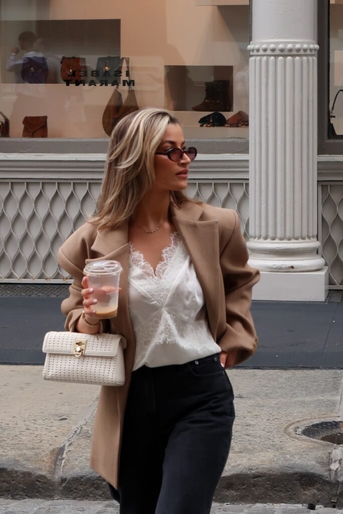 Camel Blazer + White Lace Trim Silk Cami + Black Straight Leg Jeans + White Woven Handbag